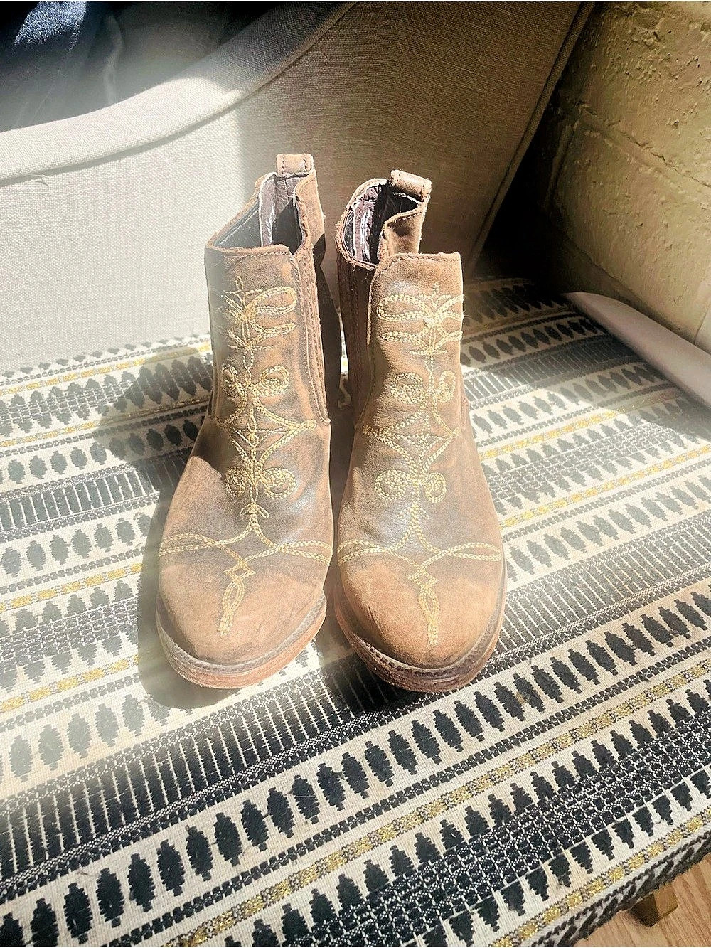 Embroidered Leather Ankle Boots in Brown & Gold